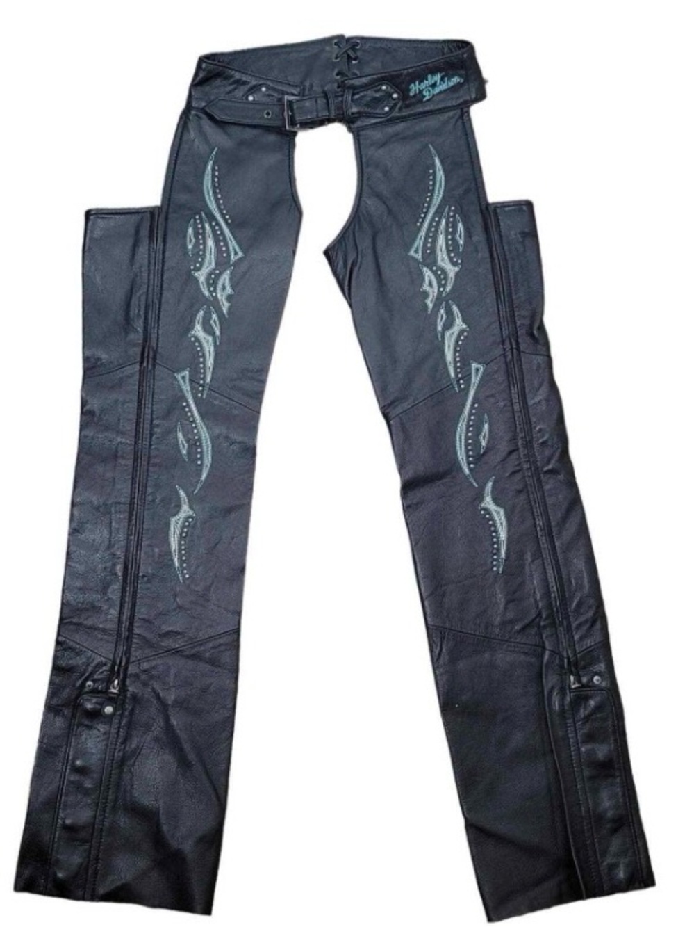 Harley-Davidson Black Leather Wide-Leg Chaps with Teal Embroidery